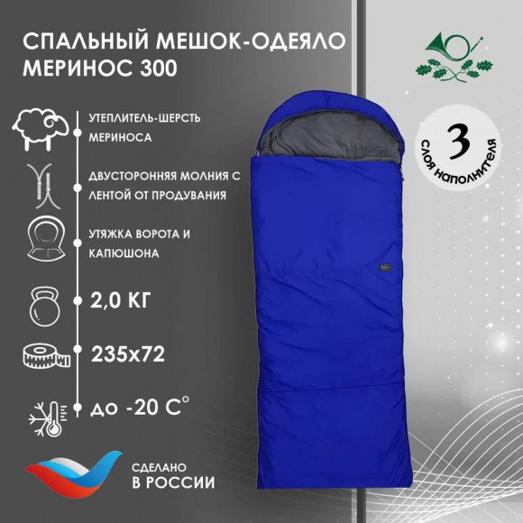 Спальный мешок-одеяло Русская охота, меринос, с подголовником 300 (до -20°С), синий Спальный мешок-одеяло Русская охота, меринос, с подголовником 300 (до -20°С), синий
