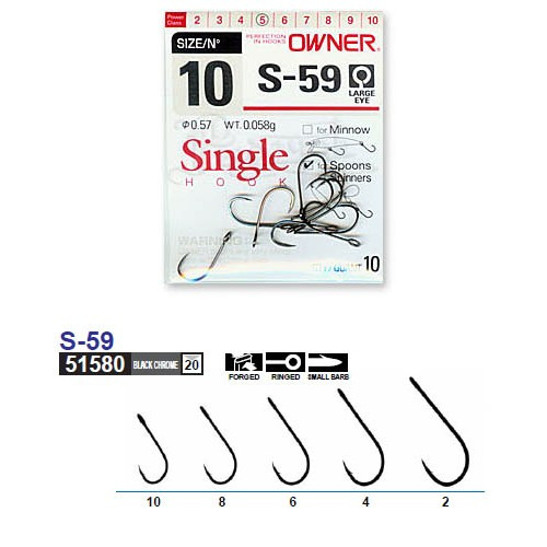 Крючок Owner Single Hook (S-59) 51580, все размеры Крючок Owner Single Hook (S-59) 51580, все размеры