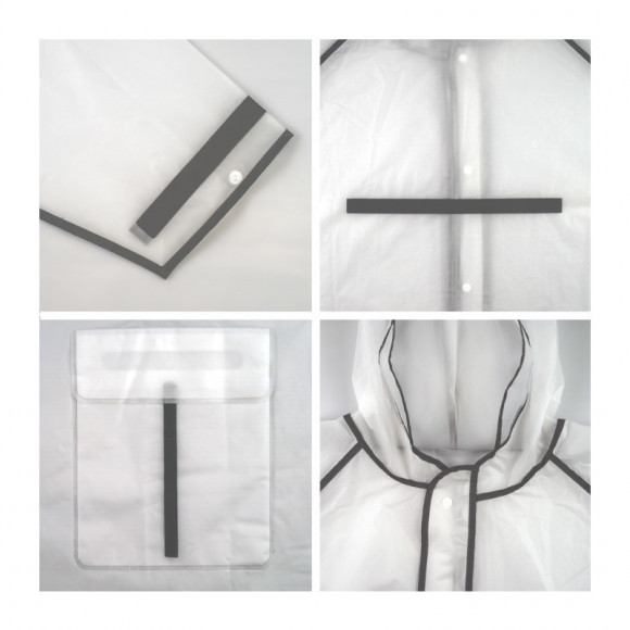 Дождевик-плащ на кнопках с капюшоном из EVA 130мк Nadzor прозрачный со светоотражающими кантом и полосами Дождевик-плащ на кнопках с капюшоном из EVA 130мк Nadzor прозрачный со светоотражающими кантом и полосами