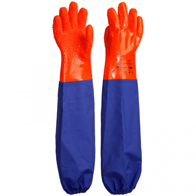 Перчатки Рыбак ПВХ с крошкой, с рукавом 27+40см (оранжево-синие) р.XL