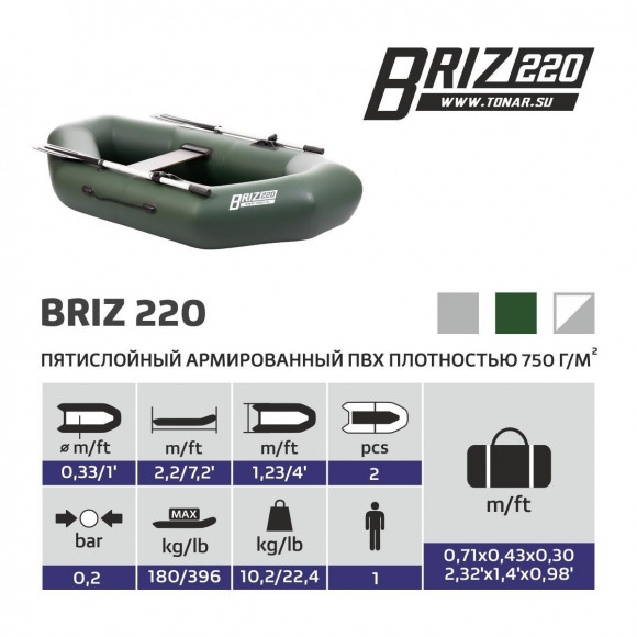 Лодка надувная Тонар Бриз 220 гребная, одноместная зеленая